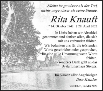 Traueranzeige von Rita Knauft  von Magdeburger Volksstimme