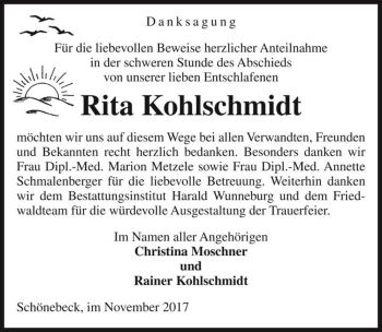 Traueranzeige von Rita Kohlschmidt  von Magdeburger Volksstimme