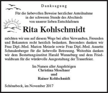 Traueranzeige von Rita Kohlschmidt  von Magdeburger Volksstimme