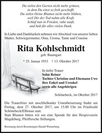 Traueranzeige von Rita Kohlschmidt (geb. Baumgart)  von Magdeburger Volksstimme