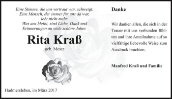 Traueranzeige von Rita Kraß (geb. Meser)  von Magdeburger Volksstimme