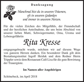 Traueranzeige von Rita Kresse  von Magdeburger Volksstimme