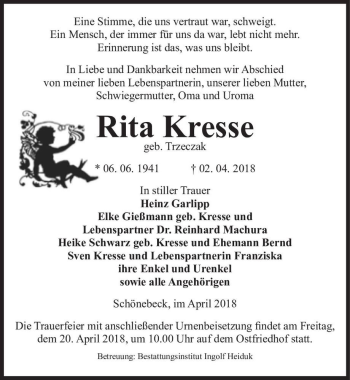Traueranzeige von Rita Kresse (geb. Trzeczak)  von Magdeburger Volksstimme