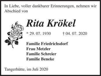 Traueranzeige von Rita Krökel  von Magdeburger Volksstimme