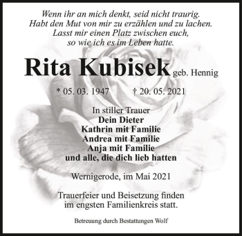 Traueranzeige von Rita Kubisek (geb. Hennig)  von Magdeburger Volksstimme