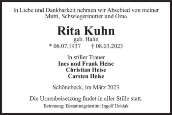 Traueranzeige von Rita Kuhn (geb. Hahn)  von Magdeburger Volksstimme