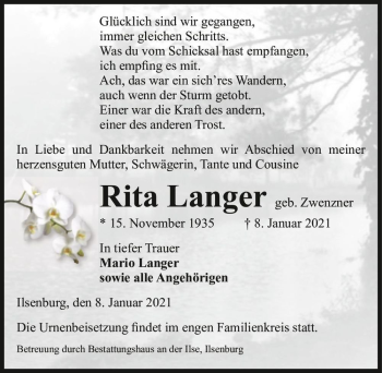 Traueranzeige von Rita Langer (geb. Zwenzner)  von Magdeburger Volksstimme