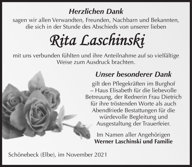  Traueranzeige für Rita Laschinski  vom 27.11.2021 aus Magdeburger Volksstimme