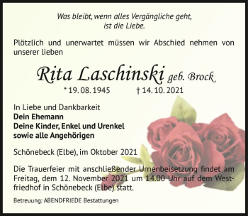 Traueranzeige von Rita Laschinski (geb. Brock)  von Magdeburger Volksstimme