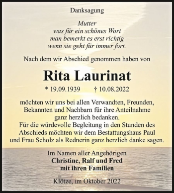 Traueranzeige von Rita Laurinat  von Magdeburger Volksstimme