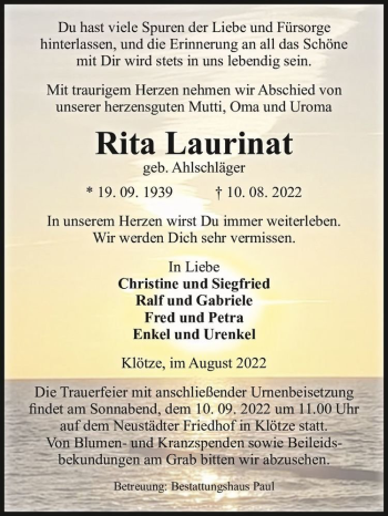 Traueranzeige von Rita Laurinat (geb. Ahlschläger)  von Magdeburger Volksstimme