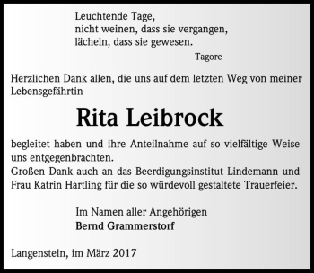 Traueranzeige von Rita Leibrock  von Magdeburger Volksstimme
