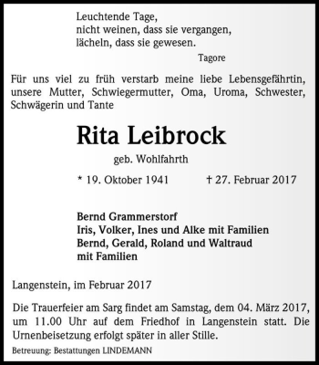 Traueranzeige von Rita Leibrock (geb. Wohlfarth)  von Magdeburger Volksstimme