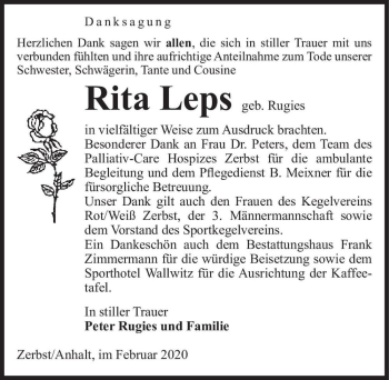 Traueranzeige von Rita Leps (geb. Rugies)  von Magdeburger Volksstimme