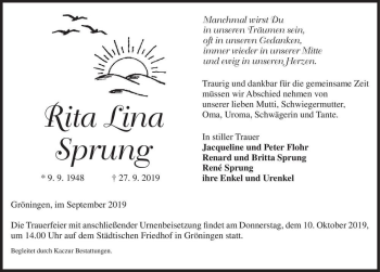 Traueranzeige von Rita Lina Sprung  von Magdeburger Volksstimme