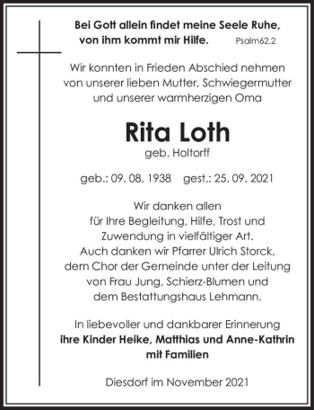 Traueranzeige von Rita Loth (geb. Holtorff)  von Magdeburger Volksstimme