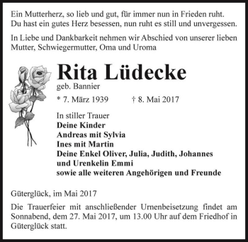 Traueranzeige von Rita Lüdecke (geb. Bannier)  von Magdeburger Volksstimme