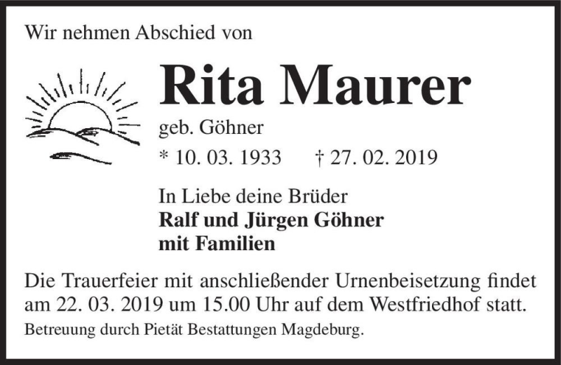  Traueranzeige für Rita Maurer (geb. Göhner)  vom 16.03.2019 aus Magdeburger Volksstimme