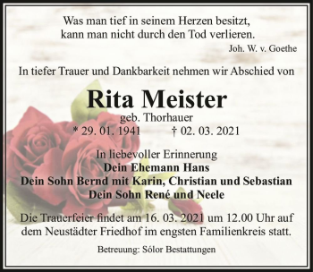 Traueranzeige von Rita Meister (geb. Thorhauer)  von Magdeburger Volksstimme