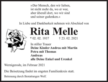 Traueranzeige von Rita Melle  von Magdeburger Volksstimme