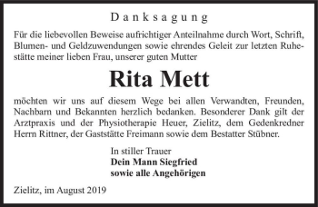 Traueranzeige von Rita Mett  von Magdeburger Volksstimme