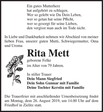 Traueranzeige von Rita Mett (geb. Felke)  von Magdeburger Volksstimme