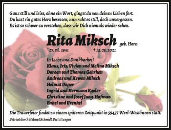 Traueranzeige von Rita Miksch (geb. Horn)  von Magdeburger Volksstimme