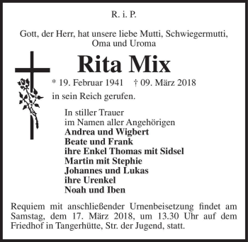 Traueranzeige von Rita Mix  von Magdeburger Volksstimme