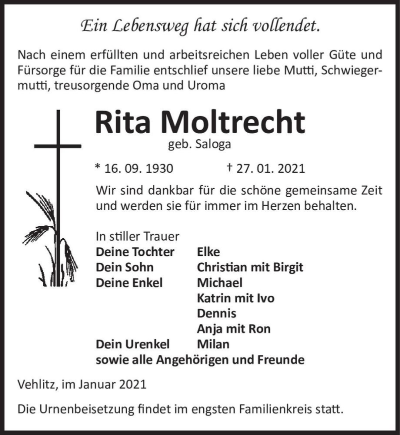  Traueranzeige für Rita Moltrecht (geb. Saloga)  vom 06.02.2021 aus Magdeburger Volksstimme