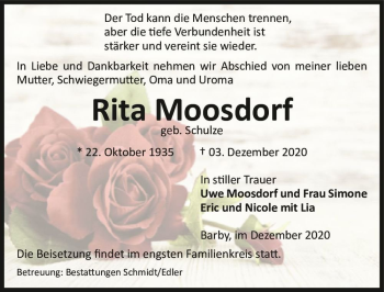 Traueranzeige von Rita Moosdorf (geb. Schulze)  von Magdeburger Volksstimme
