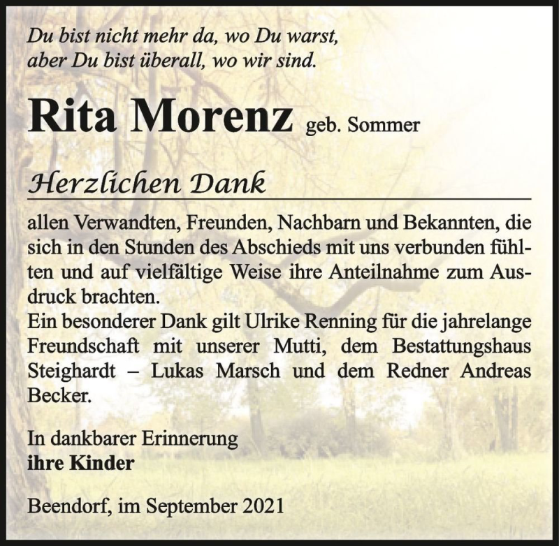  Traueranzeige für Rita Morenz (geb. Sommer)  vom 08.09.2021 aus Magdeburger Volksstimme