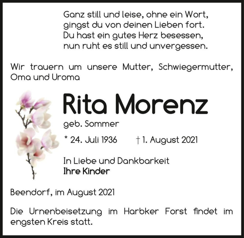  Traueranzeige für Rita Morenz (geb. Sommer)  vom 06.08.2021 aus Magdeburger Volksstimme
