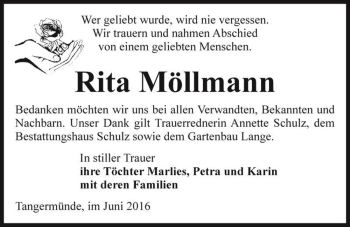 Traueranzeige von Rita Möllmann  von Magdeburger Volksstimme