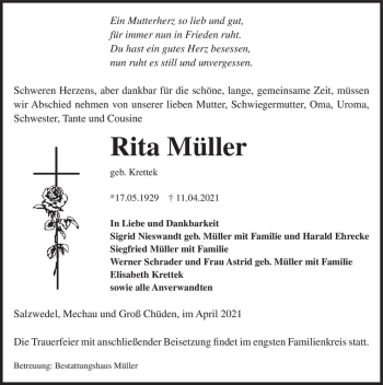 Traueranzeige von Rita Müller (geb. Krettek)  von Magdeburger Volksstimme