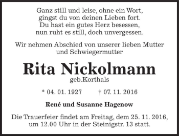 Traueranzeige von Rita Nickolmann (geb.Korthals)  von Magdeburger Volksstimme