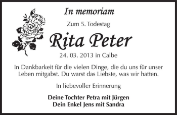 Traueranzeige von Rita Peter  von Magdeburger Volksstimme