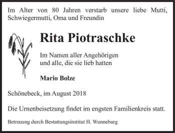 Traueranzeige von Rita Piotraschke  von Magdeburger Volksstimme