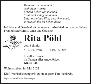 Traueranzeige von Rita Pöhl (geb. Schmidt)  von Magdeburger Volksstimme