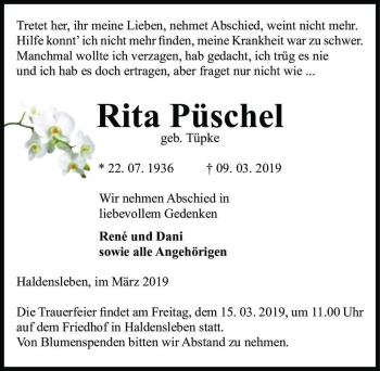 Traueranzeige von Rita Püschel (geb. Tüpke)  von Magdeburger Volksstimme