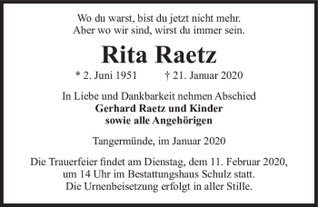 Traueranzeige von Rita Raetz  von Magdeburger Volksstimme