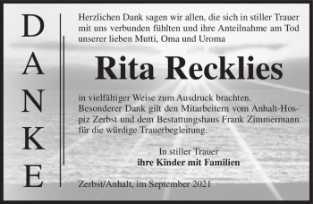 Traueranzeige von Rita Recklies  von Magdeburger Volksstimme