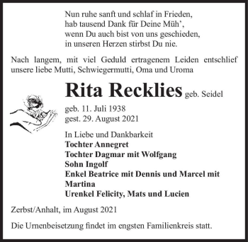Traueranzeige von Rita Recklies (geb. Seidel)  von Magdeburger Volksstimme