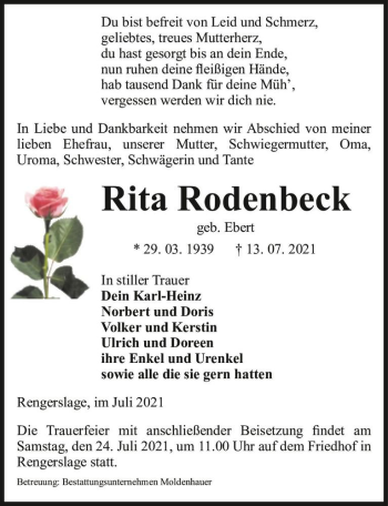 Traueranzeige von Rita Rodenbeck (geb. Ebert)  von Magdeburger Volksstimme
