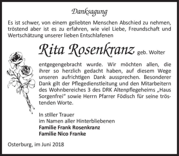 Traueranzeige von Rita Rosenkranz (geb. Wolter)  von Magdeburger Volksstimme