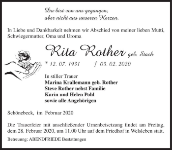 Traueranzeige von Rita Rother (geb. Stach)  von Magdeburger Volksstimme