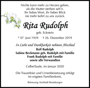 Traueranzeige von Rita Rudolph (geb. Eckstein)  von Magdeburger Volksstimme