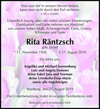 Traueranzeige von Rita Räntzsch (geb. Jäckel)  von Magdeburger Volksstimme