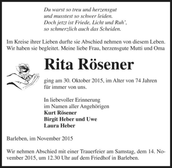 Traueranzeige von Rita Rösener  von Magdeburger Volksstimme