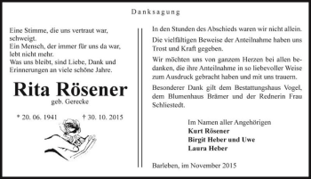 Traueranzeige von Rita Rösener (geb. Gerecke)  von Magdeburger Volksstimme