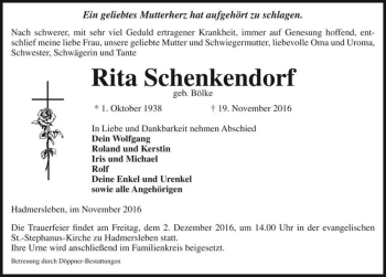Traueranzeige von Rita Schenkendorf (geb. Bölke)  von Magdeburger Volksstimme